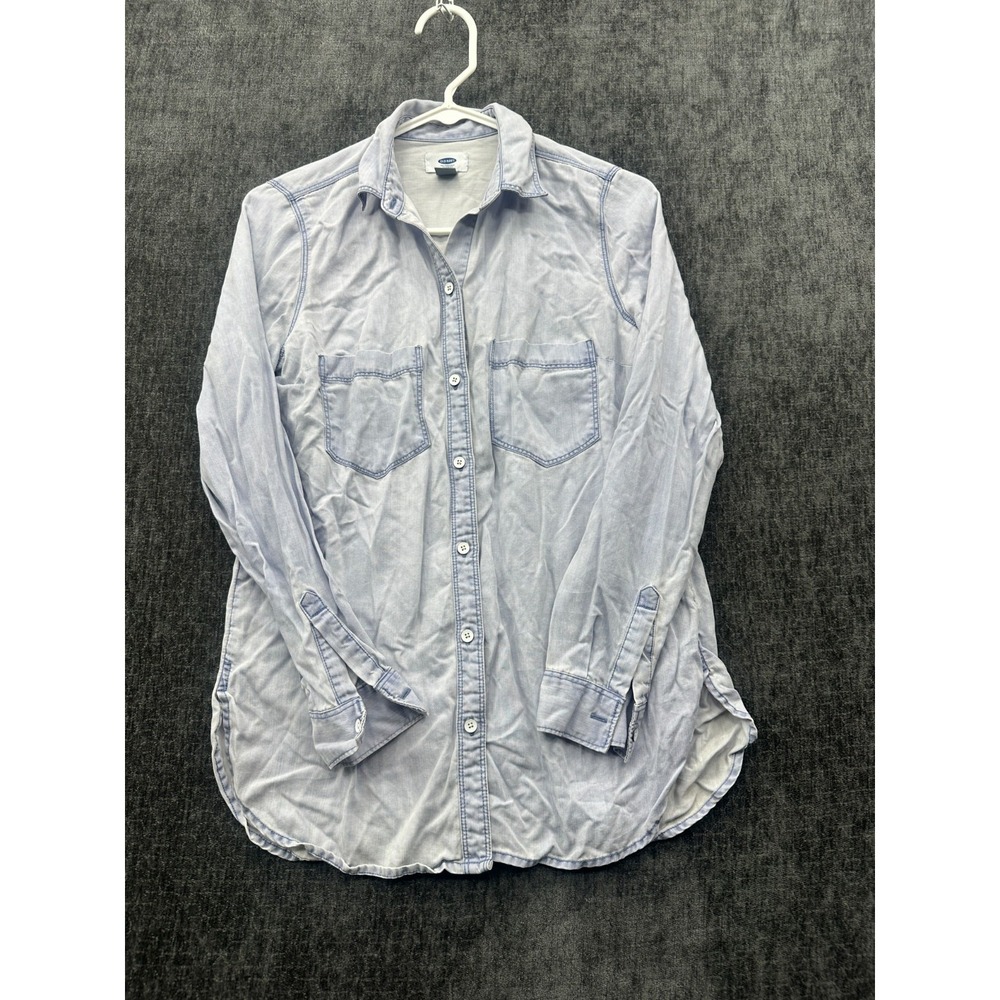 Old Navy Shirt Women XS Light Blue Loose Fit Back Box Casual Round Hem Button Up